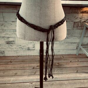 Vintage Y2K Boho Hippie Wood Beaded Black Leather Cord Rope Fringe Tie Hip Belt